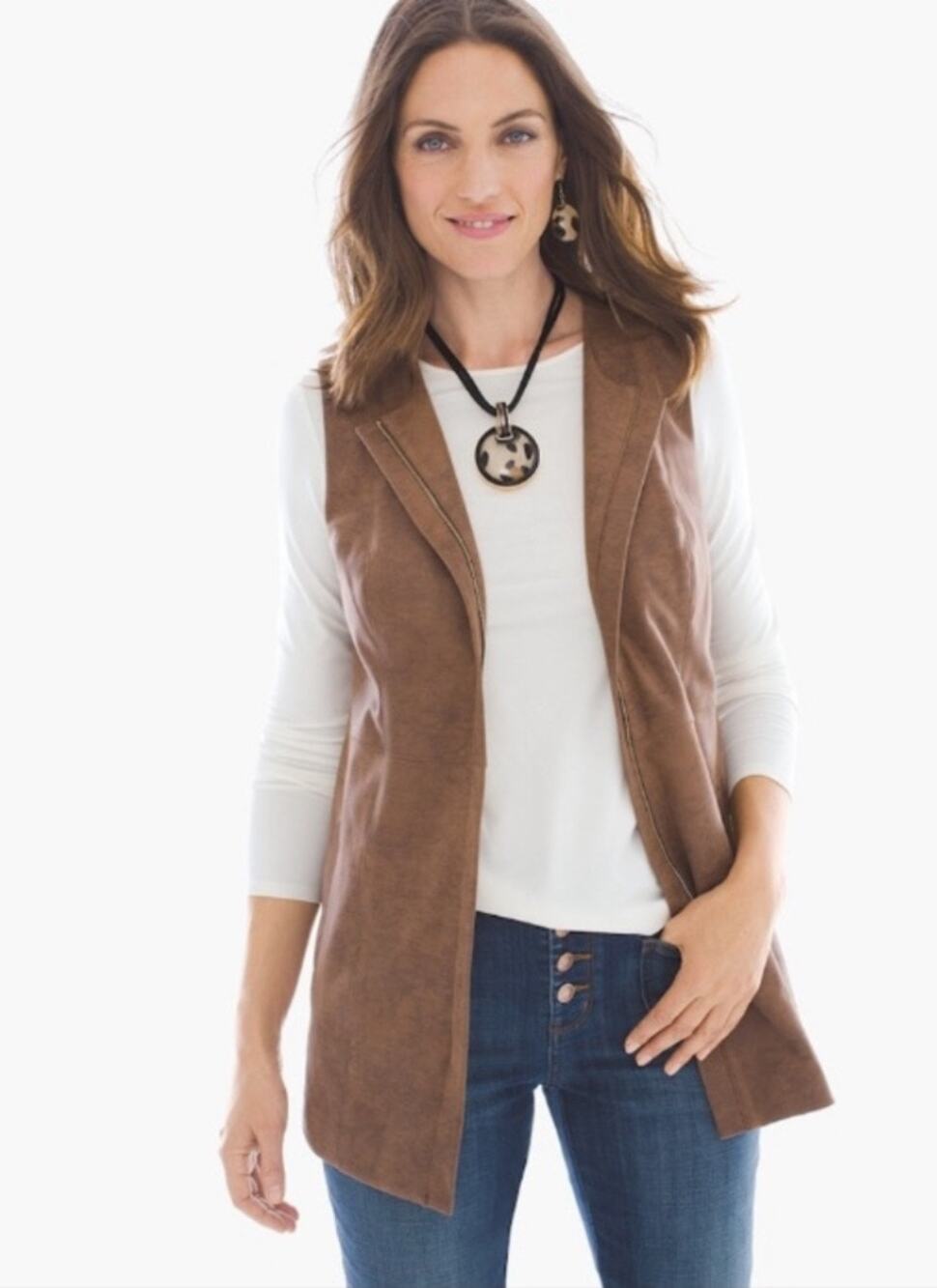CHICO'S Vest Size Small Faux Suede Brown Zipper Pockets Fall Winter Casual Boho